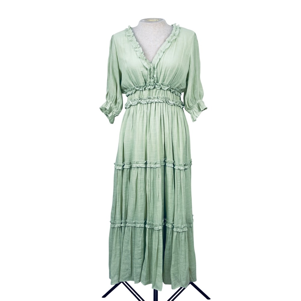 A.Calin Flying Tomato Sage Green Ruffle Tiered Maxi Dress Small